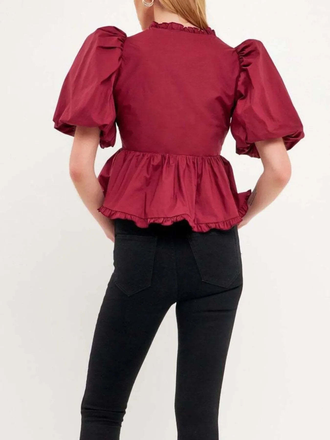 Stylish Southern Shores Clothing Puff Sleeve Peplum Blouse With Ruffles In 100% Polyester Fabric - Southern Shores Clothing