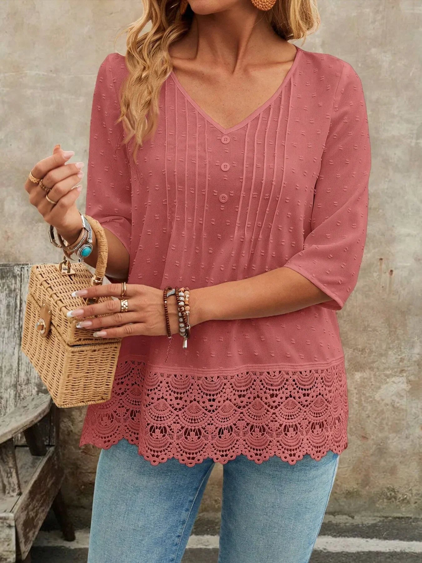 V-Neck Lace Hem Blouse With Decorative Button - Southern Shores Clothing