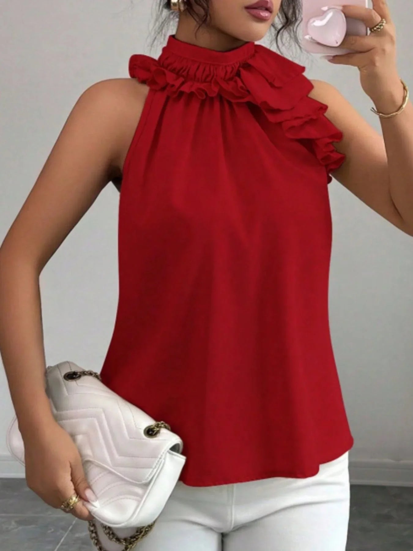 Ruffled High Neck Sleeveless Top With Draped Silhouette Detail - Southern Shores Clothing