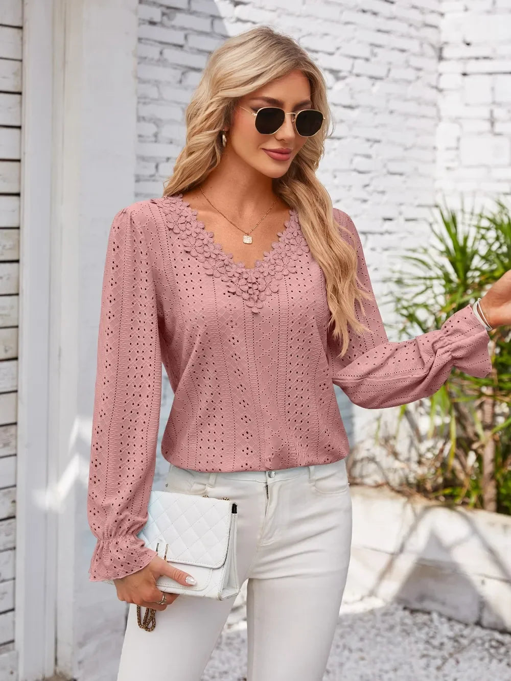 Applique V-Neck Flounce Sleeve Polyester T-Shirt - Southern Shores Clothing