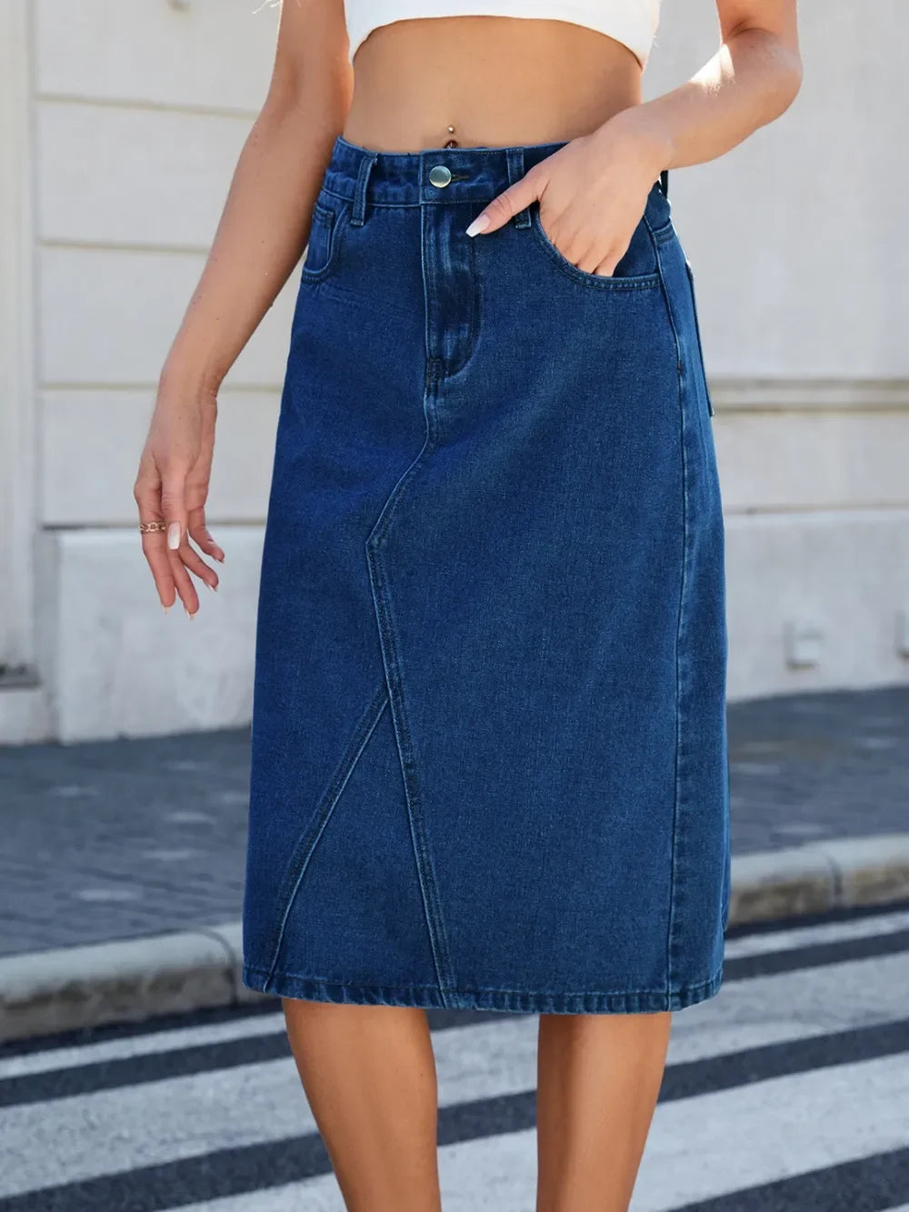 Relaxed Fit Denim Midi Skirt With Slit Back - Southern Shores Clothing