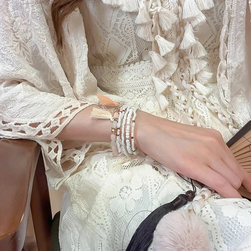 Multi Strand Boho Tassel Rice Bead Bracelet With Layered Beads - Southern Shores Clothing