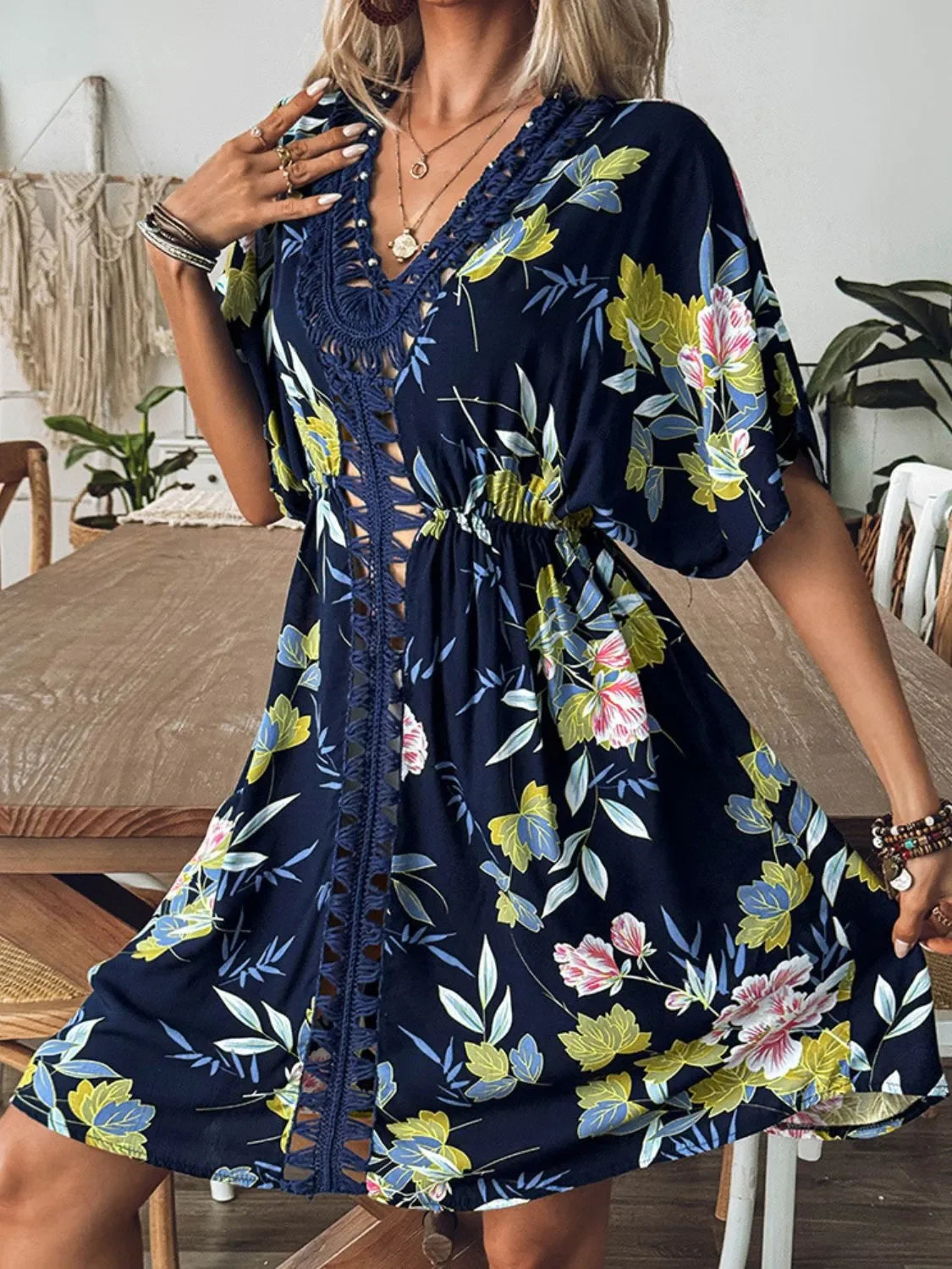Crochet V-Neck Printed Beach Cover-Up One Size - Southern Shores Clothing