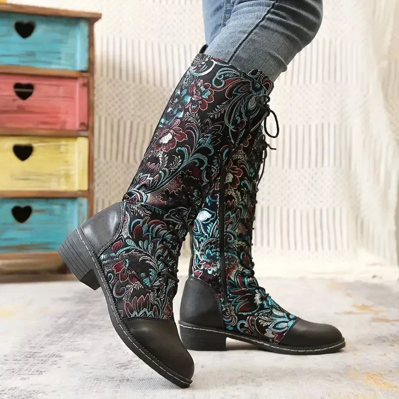 Embroidered Lace-Up Knee-High Boots With Mid Heel - Southern Shores Clothing