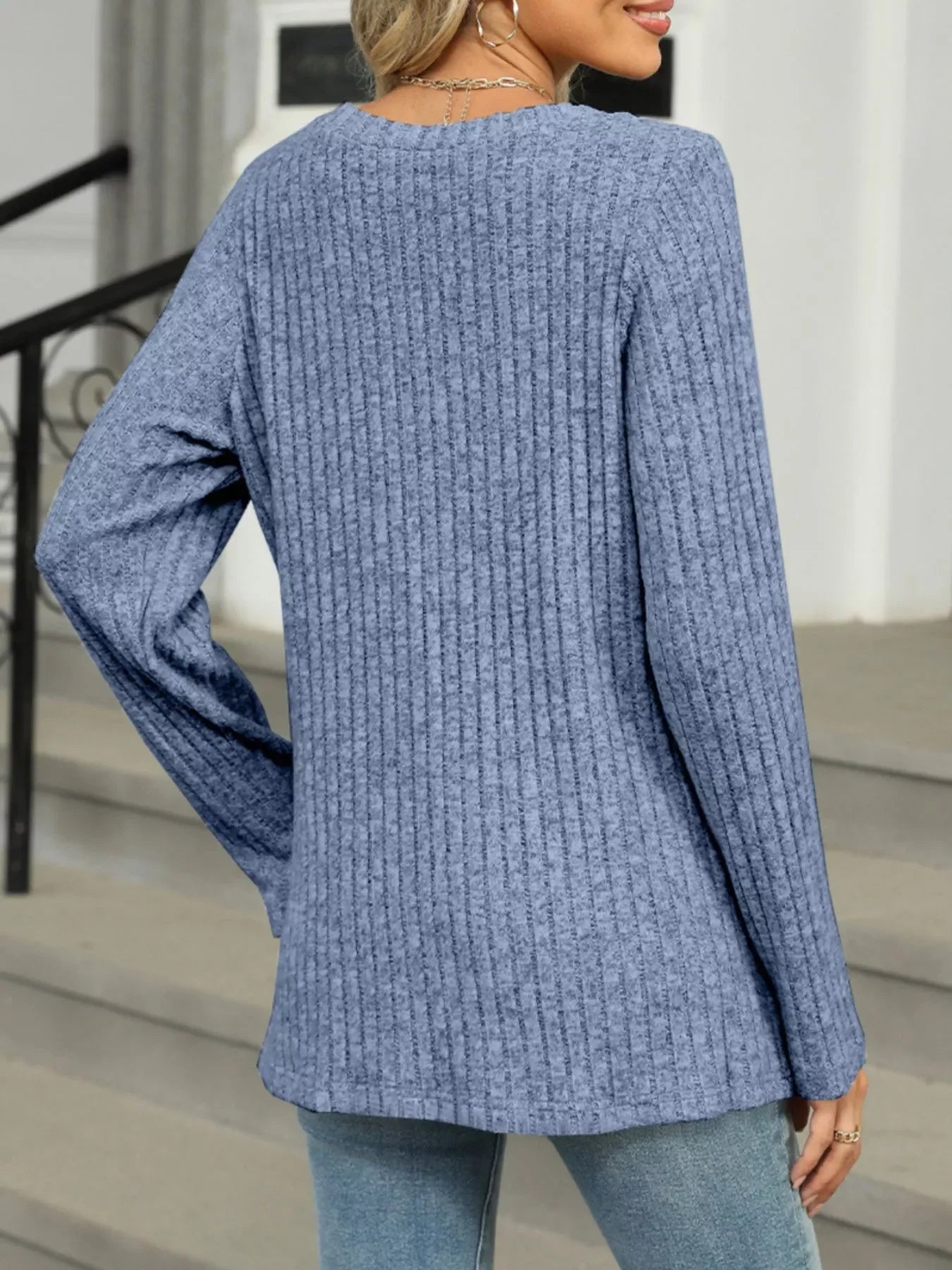 Ribbed Round Neck Long Sleeve Top - Southern Shores Clothing