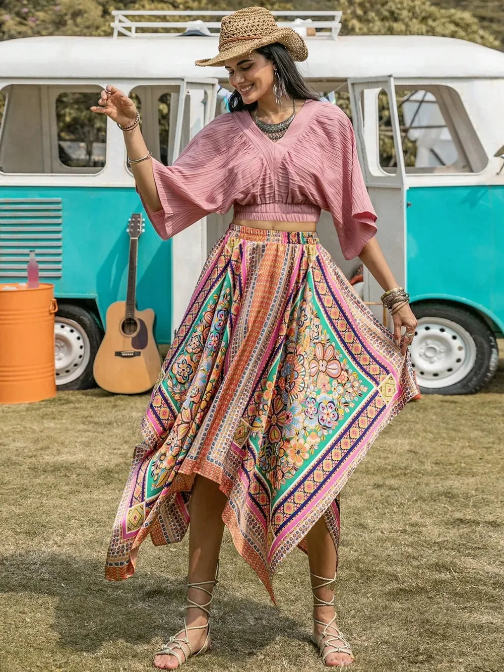 Printed High Waist Handkerchief Hem Skirt - Southern Shores Clothing