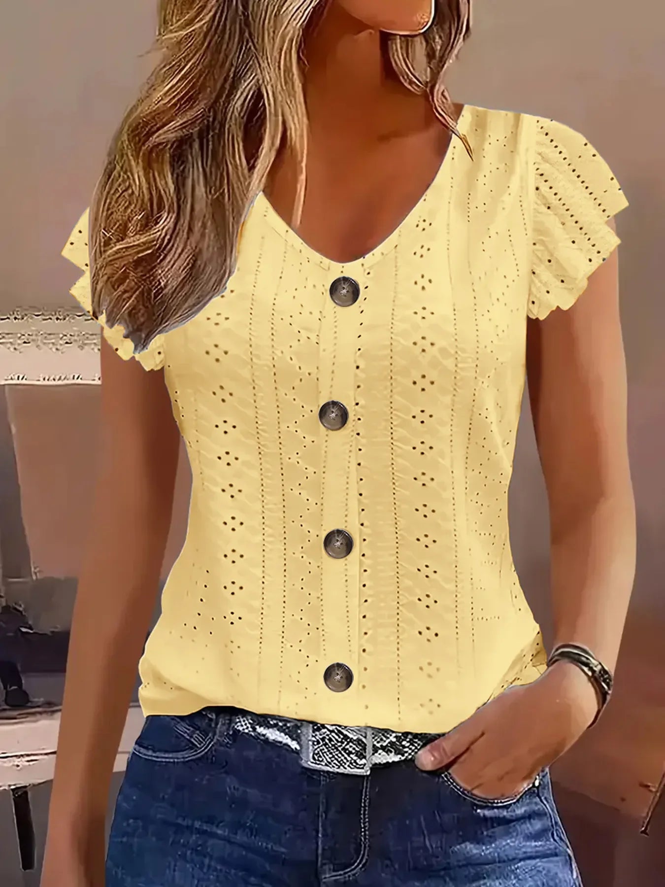 Eyelet Button-Front Flutter Sleeve Top With Stretch - Southern Shores Clothing
