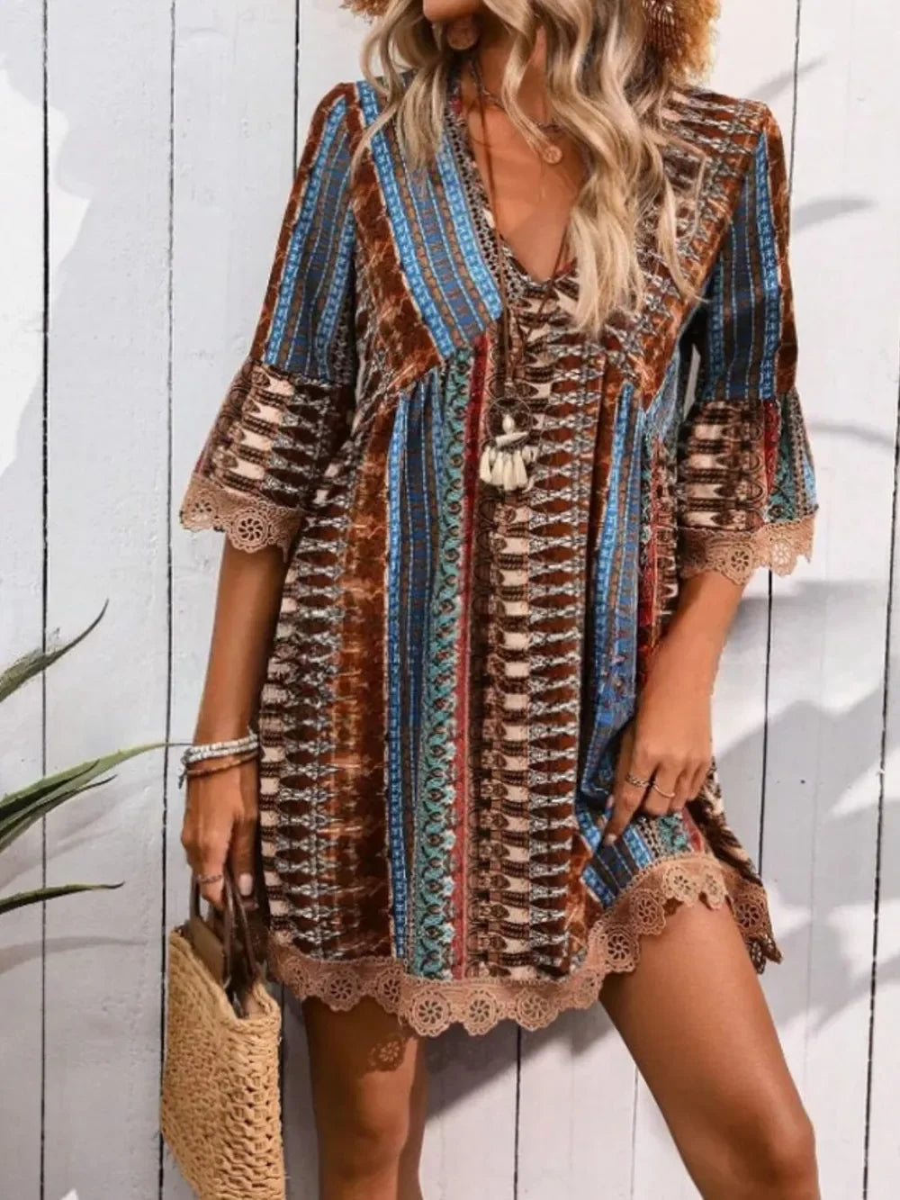 Lace Trim Printed V-Neck Dress With 3/4 Sleeves Boho Style - Southern Shores Clothing