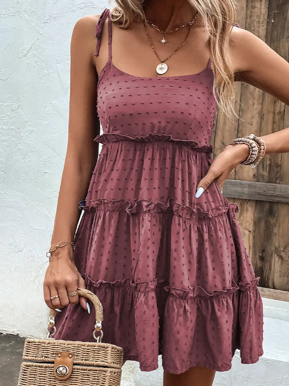 Shiny Frill Spaghetti Strap Tiered Dress - Southern Shores Clothing