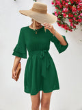 Round Neck Tie Belt Flounce Sleeve Dress - Southern Shores Clothing