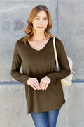 Basic V Neck Long Sleeve Top Opaque Stretchy - Southern Shores Clothing