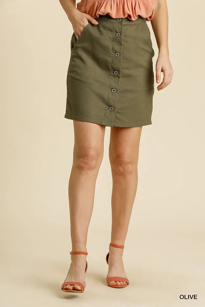 Coastal Olive Green Umgee Button Down Mini Skirt with Pockets