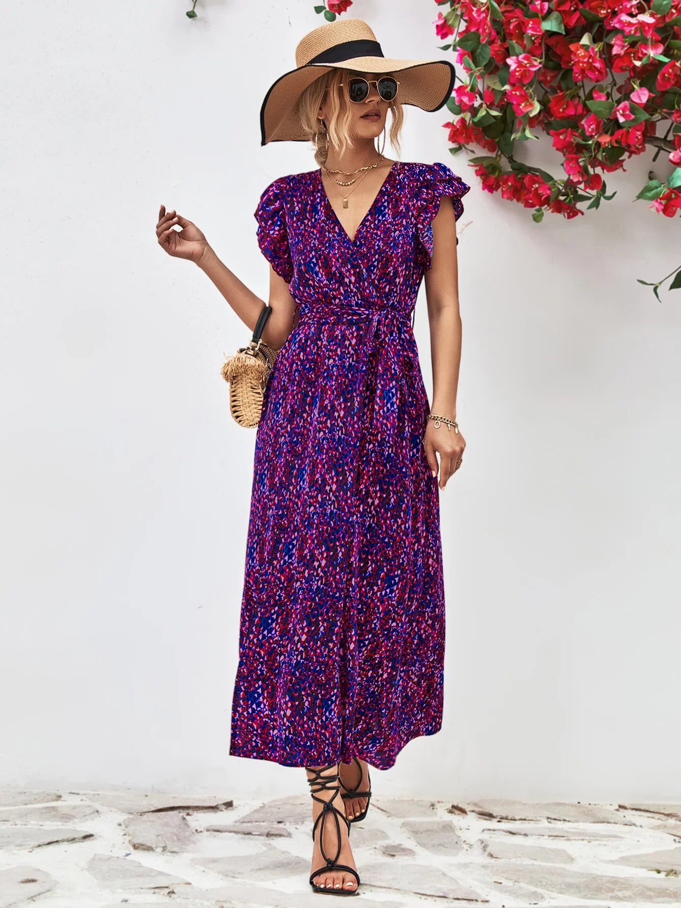 Printed Surplice Neck Flutter Sleeve Slit Dress - Southern Shores Clothing