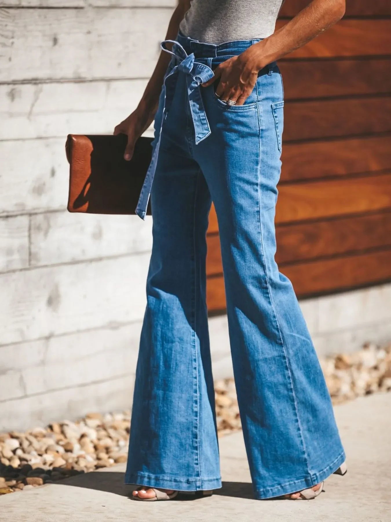 Beach Inspired High Waisted Tie Front Flare Denim Jeans - Southern Shores Clothing