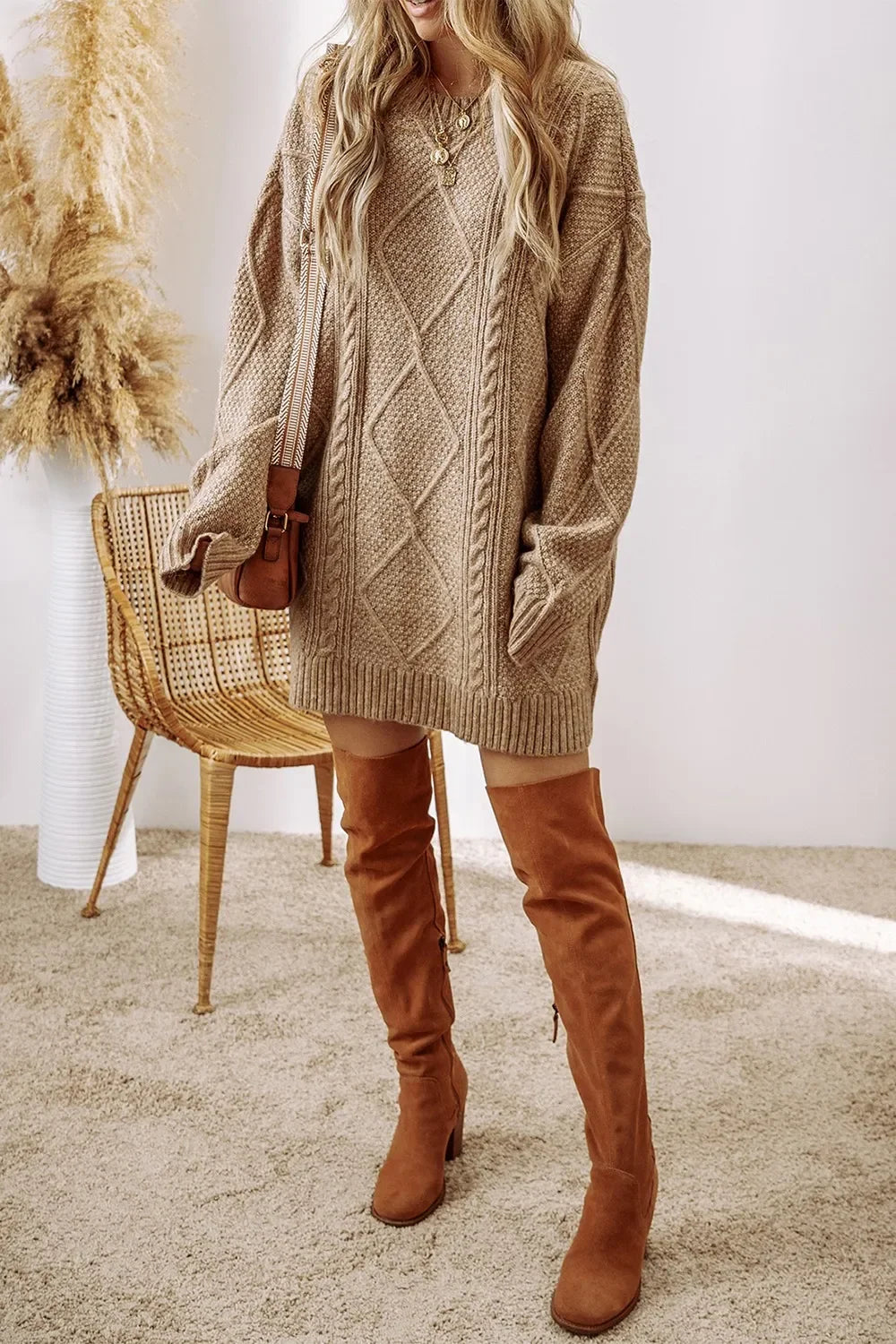 Casual Cable-Knit Round Neck Sweater Dress - Southern Shores Clothing