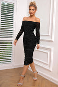Long Sleeve Off-Shoulder Ruched Dress - Southern Shores Clothing