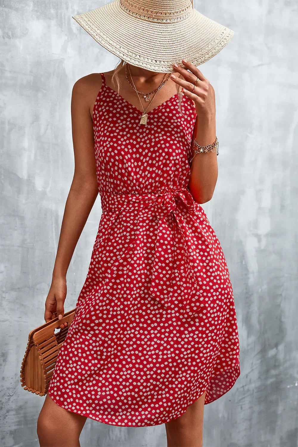 Printed V-Neck Tie Waist Mini Dress - Southern Shores Clothing