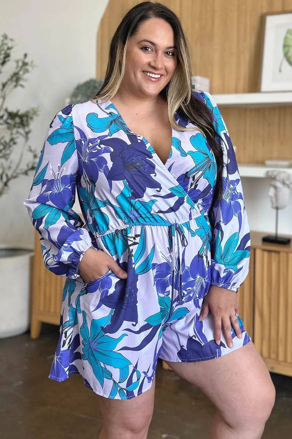 Floral Print Long Sleeve Romper With Pockets - Southern Shores Clothing