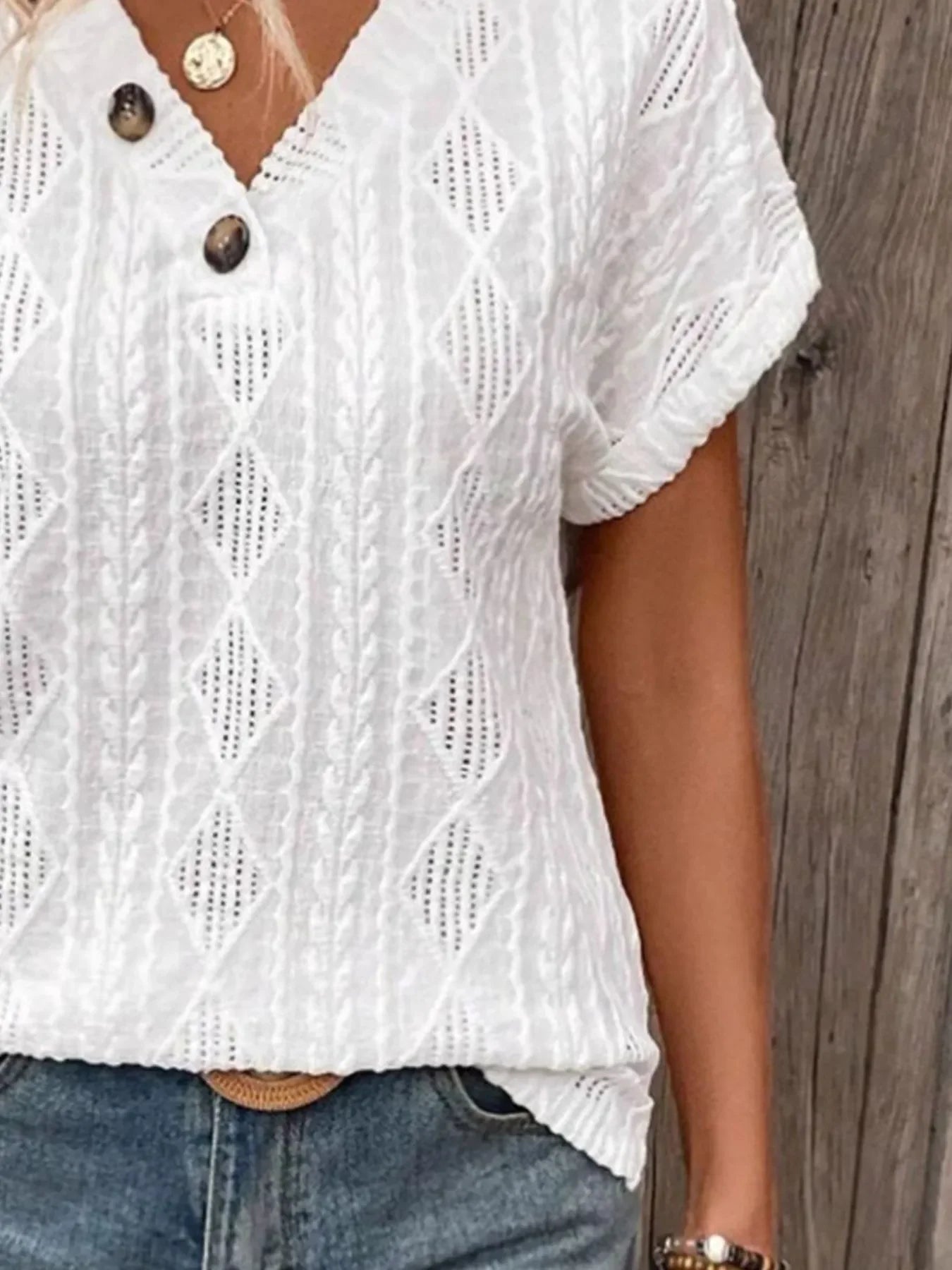 Textured V-Neck Short Sleeve Buttoned Top With Openwork - Southern Shores Clothing