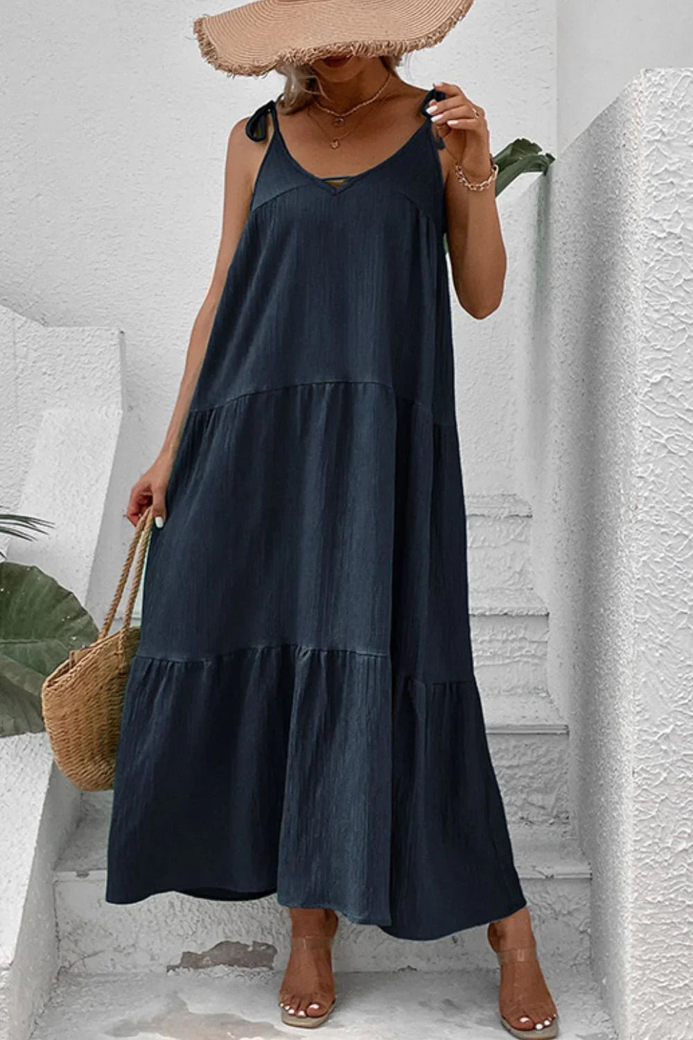 Tie-Shoulder Tiered Maxi Dress Coastal Vacation - Southern Shores Clothing