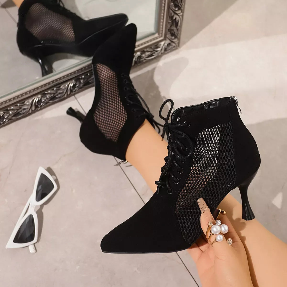 Point Toe Stiletto Pumps With Mesh Leather - Southern Shores Clothing