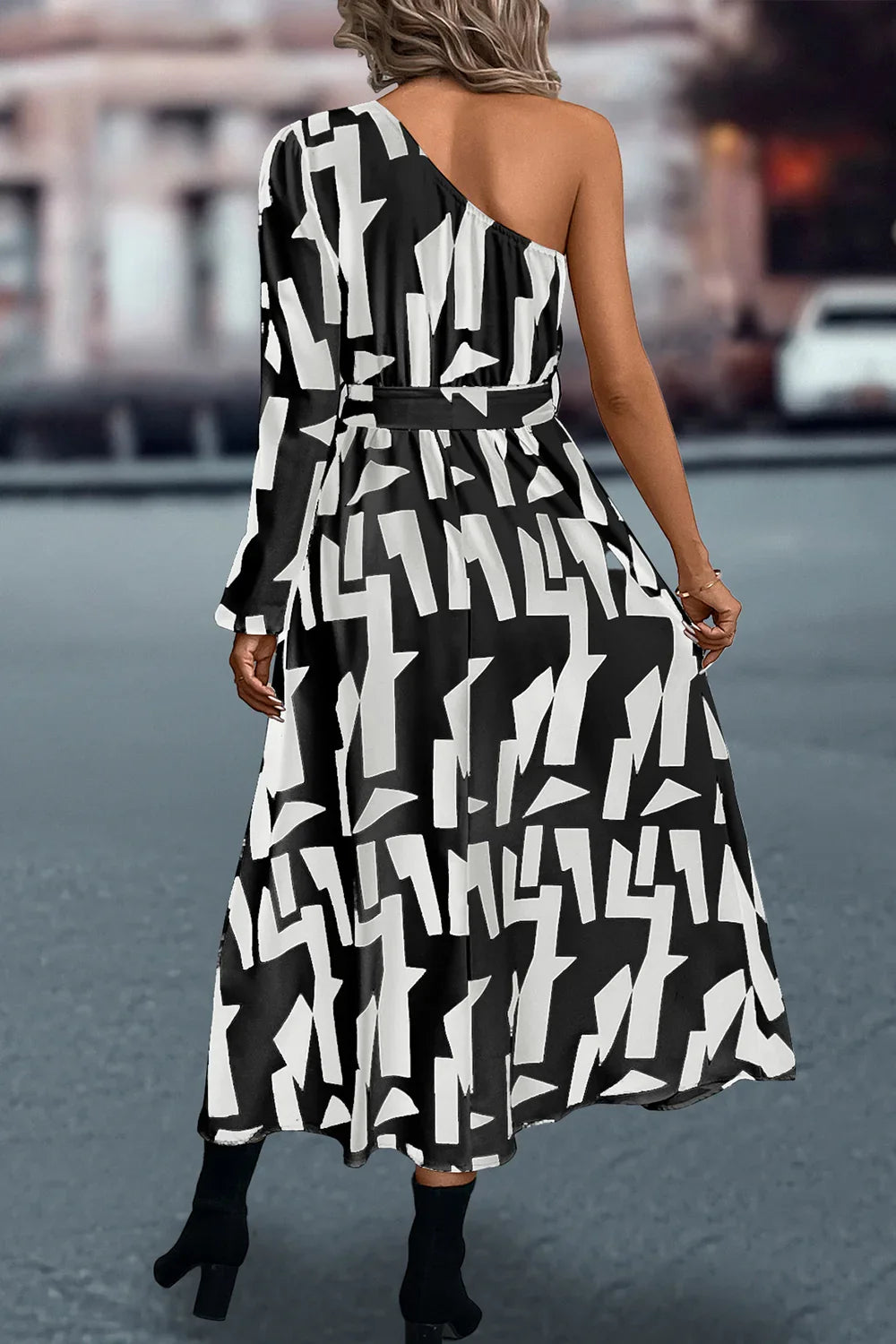 Printed One-Shoulder Tie Waist Dress - Southern Shores Clothing