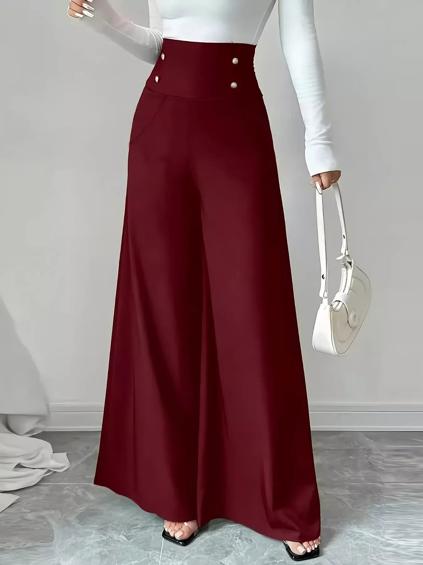 High Waist Wide Leg Button Decor Pants Everyday Wear - Southern Shores Clothing