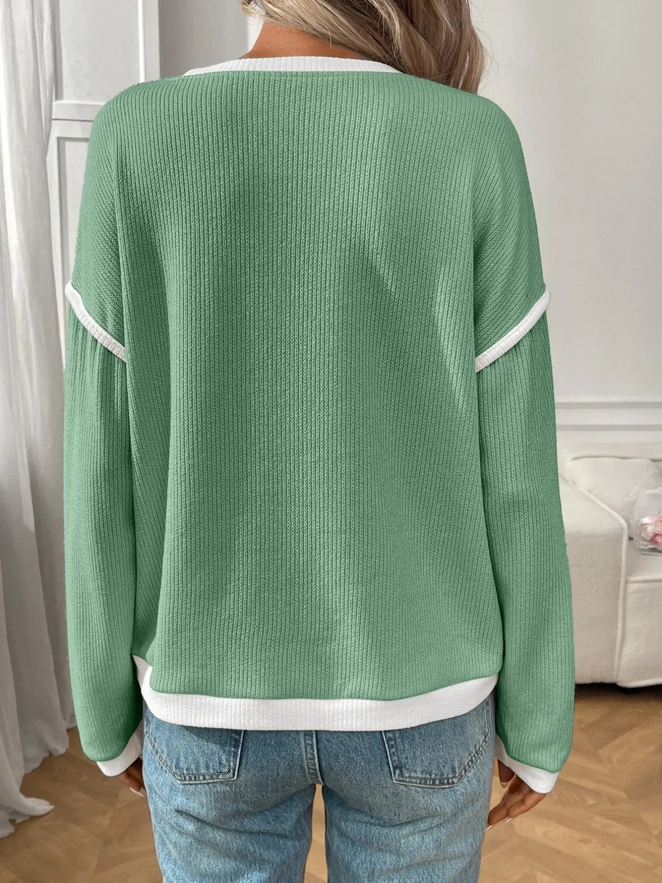 Ribbed Contrast Trim Long Sleeve Top - Southern Shores Clothing