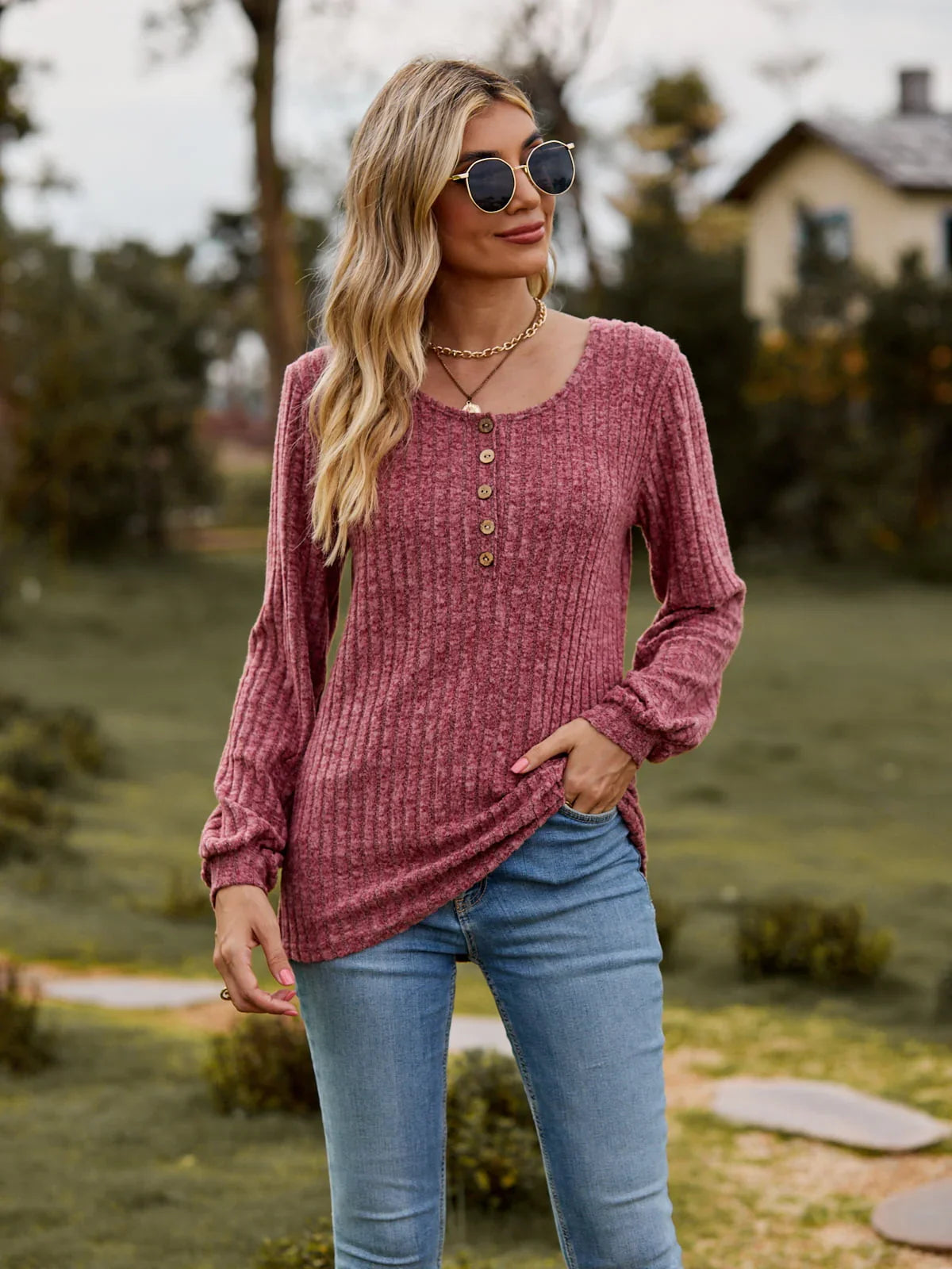 Stretchy Heathered Round Neck Button-Down Long Sleeve Tee - Southern Shores Clothing