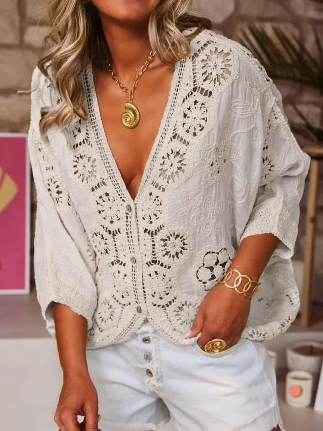 Southern Shores Clothing Crochet Lace V-Neck Buttoned Cutout Blouse In 100 Percent Polyester - Southern Shores Clothing