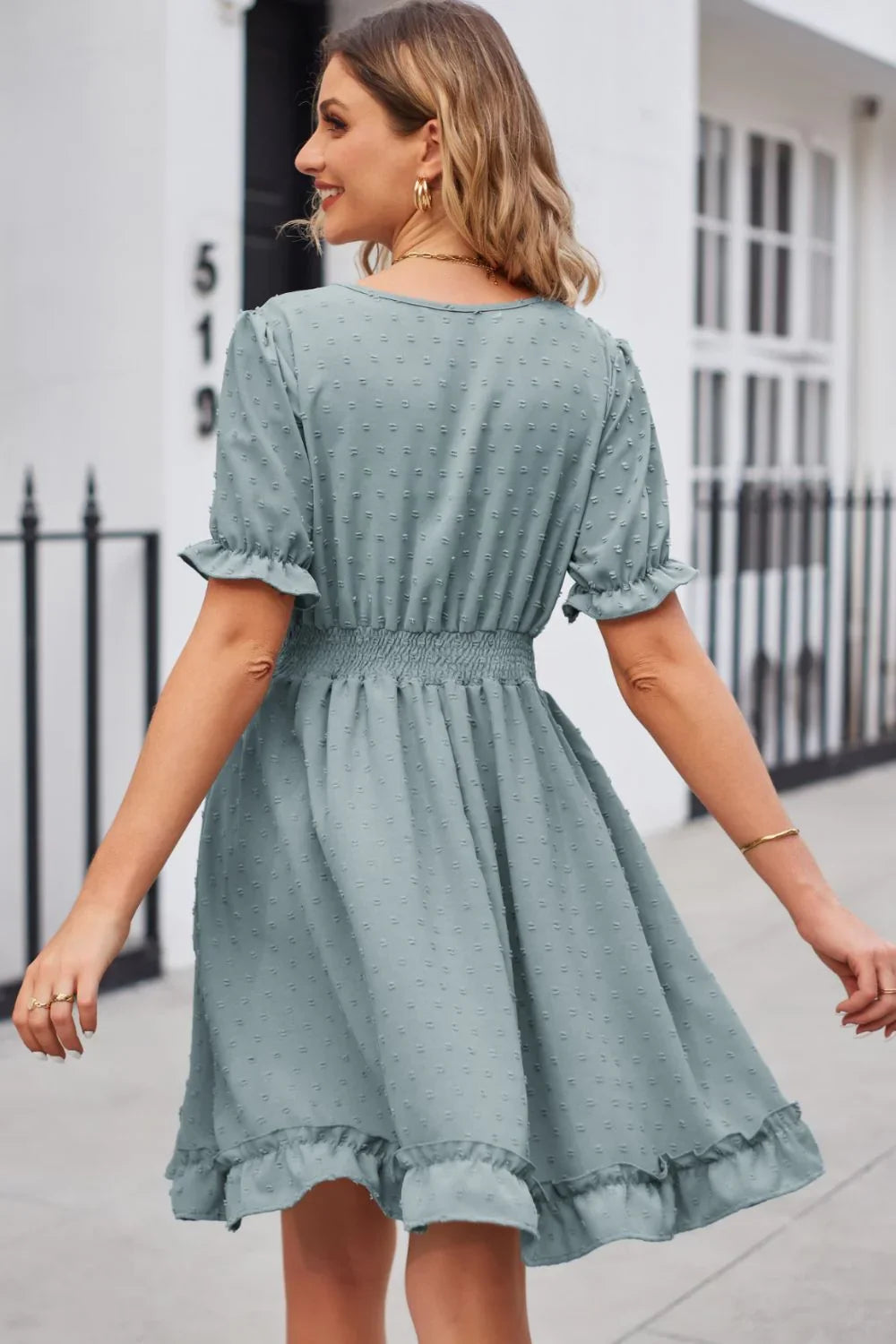 Swiss Dot Frill Trim Flounce Sleeve V Neck Dress - Southern Shores Clothing