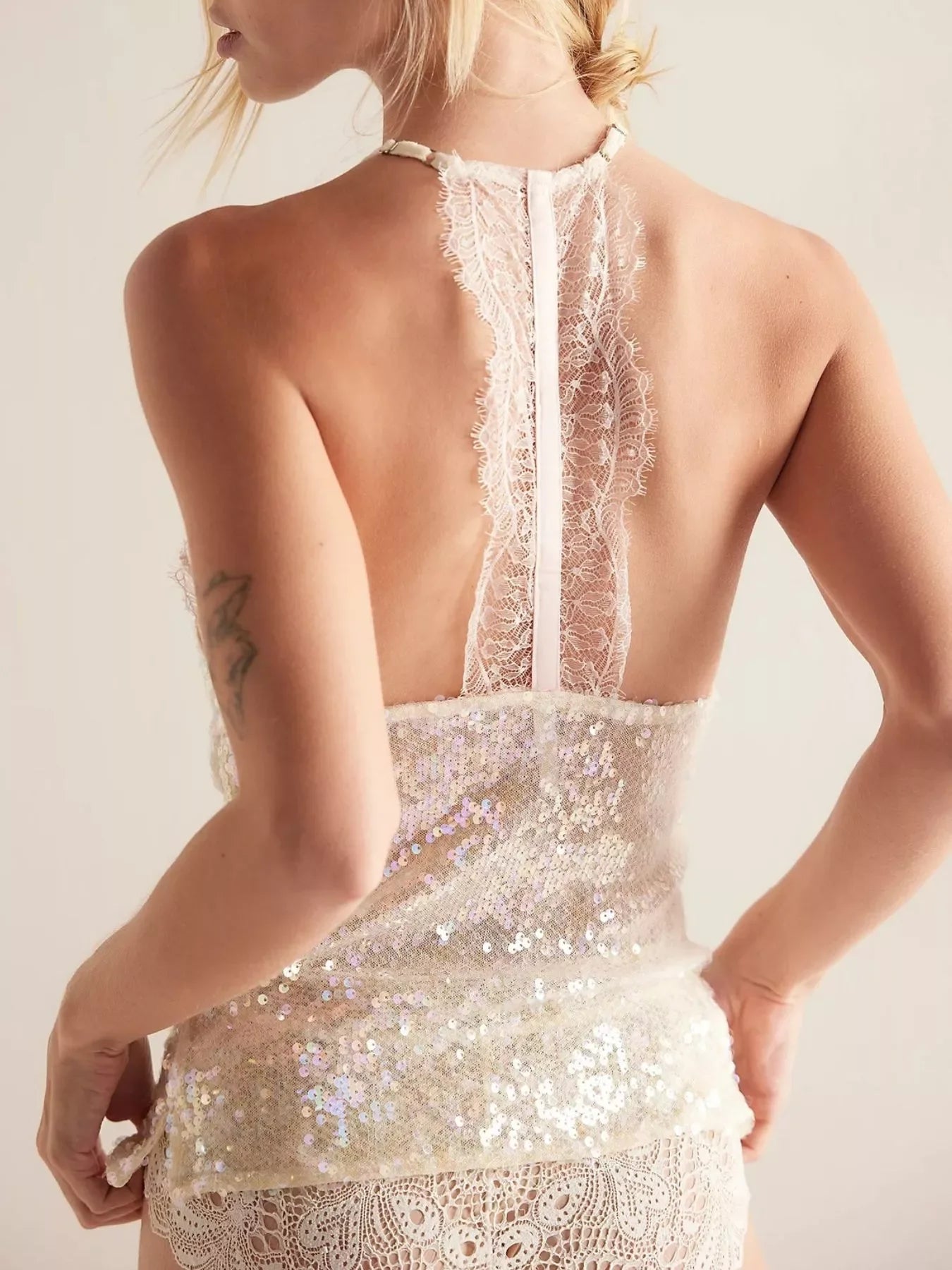 Sequin Lace Trim Halter Neck Cami Top With Elegant Embellishment - Southern Shores Clothing