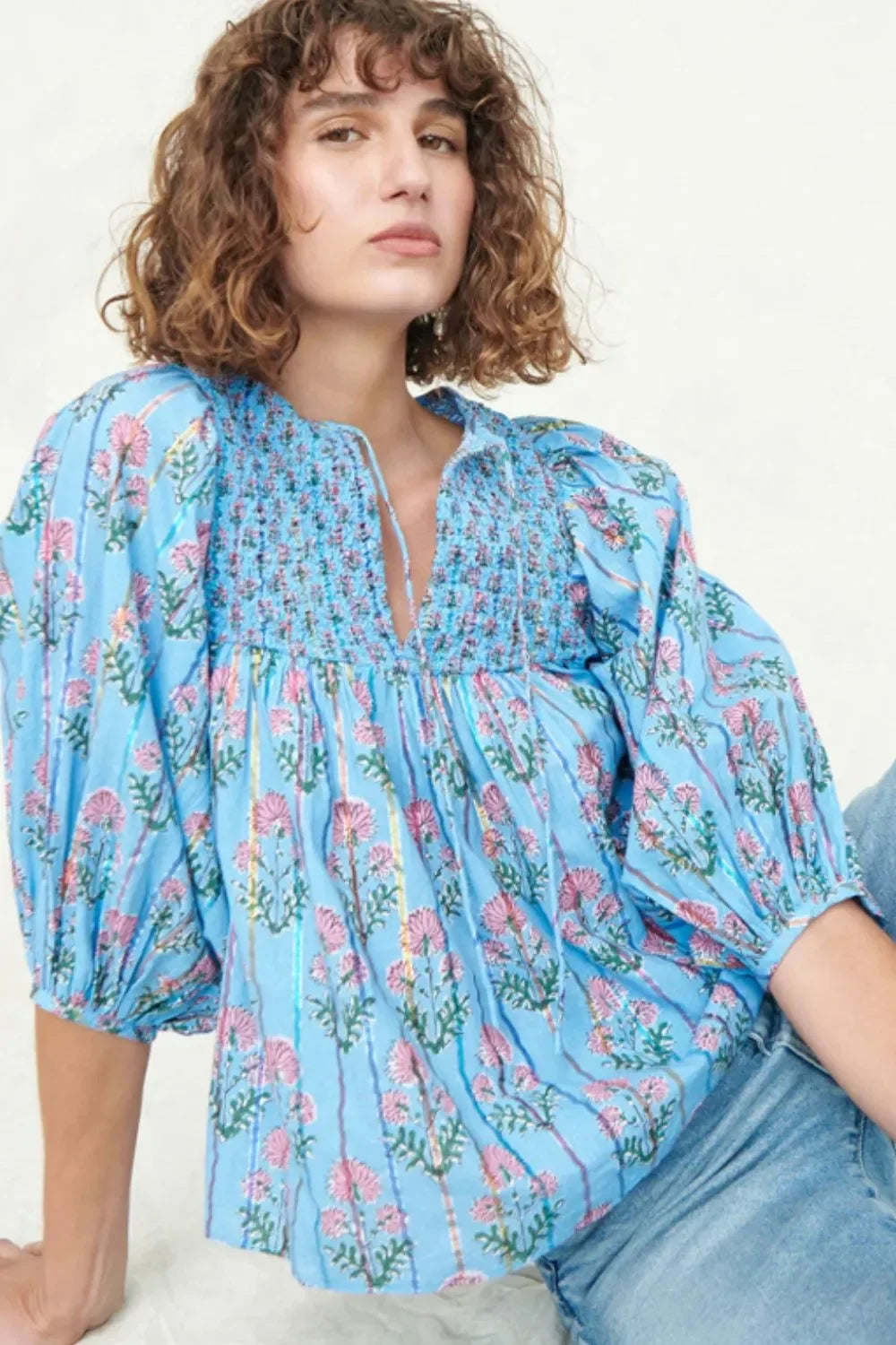 Smocked Floral Print Tie Neck Cotton Blouse - Southern Shores Clothing