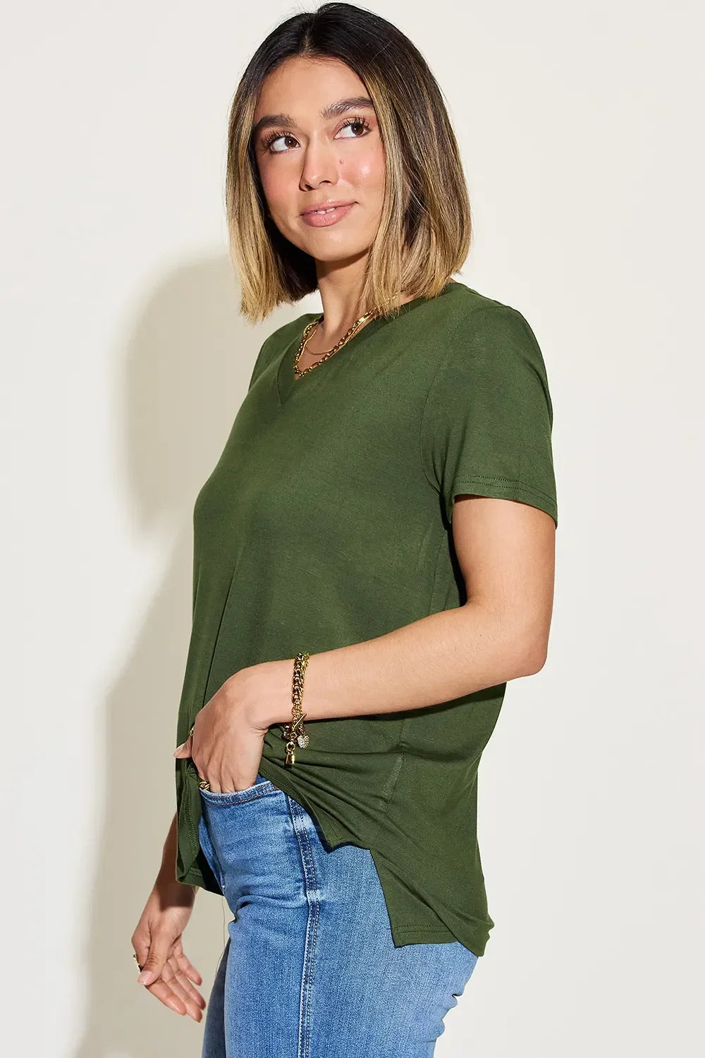 Basic Bae Full Size V-Neck High-Low T-Shirt - Southern Shores Clothing