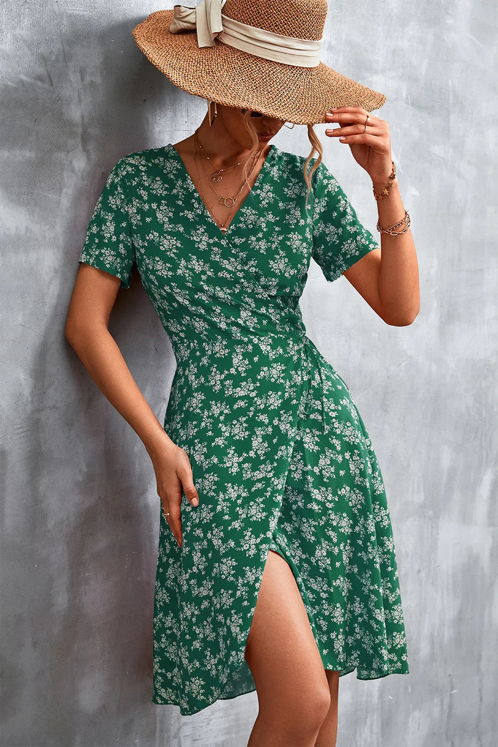 Floral Surplice Neck Flutter Sleeve Dress - Southern Shores Clothing