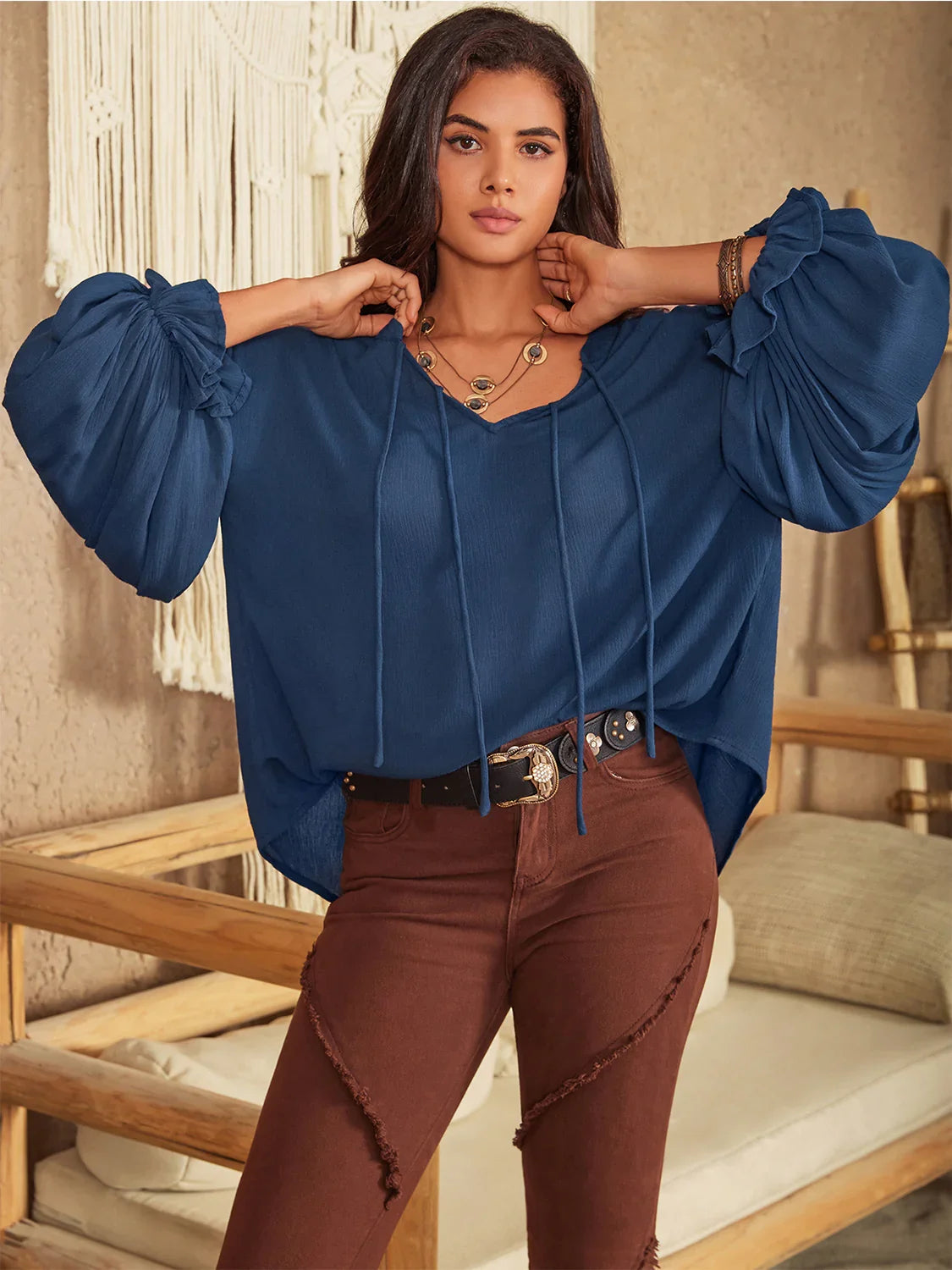 Long Sleeve Tie Neck Blouse Viscose For Versatile Wear - Southern Shores Clothing