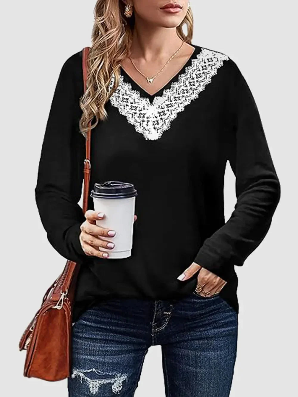 Lace Detail V-Neck Long Sleeve T-Shirt With Soft Stretch - Southern Shores Clothing