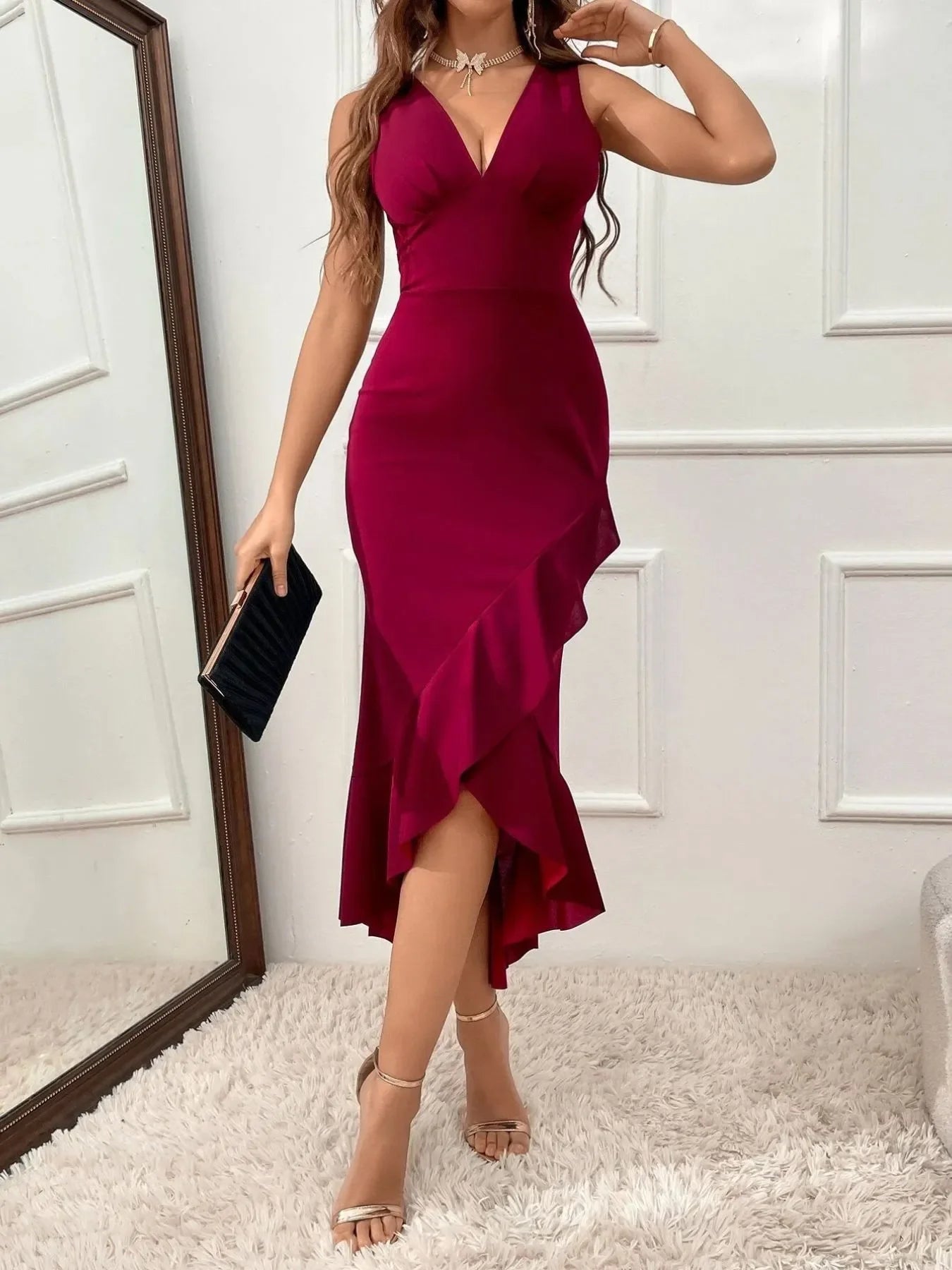 Ruffle Hem V Neck Bodycon Dress Coastal Style - Southern Shores Clothing