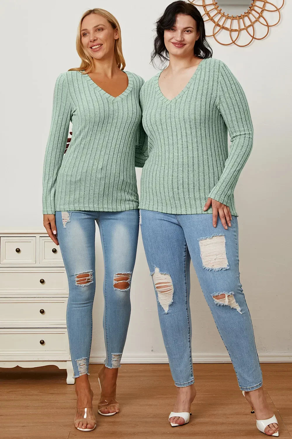 Classic Ribbed V-Neck Long Sleeve Knit Tee Top - Southern Shores Clothing