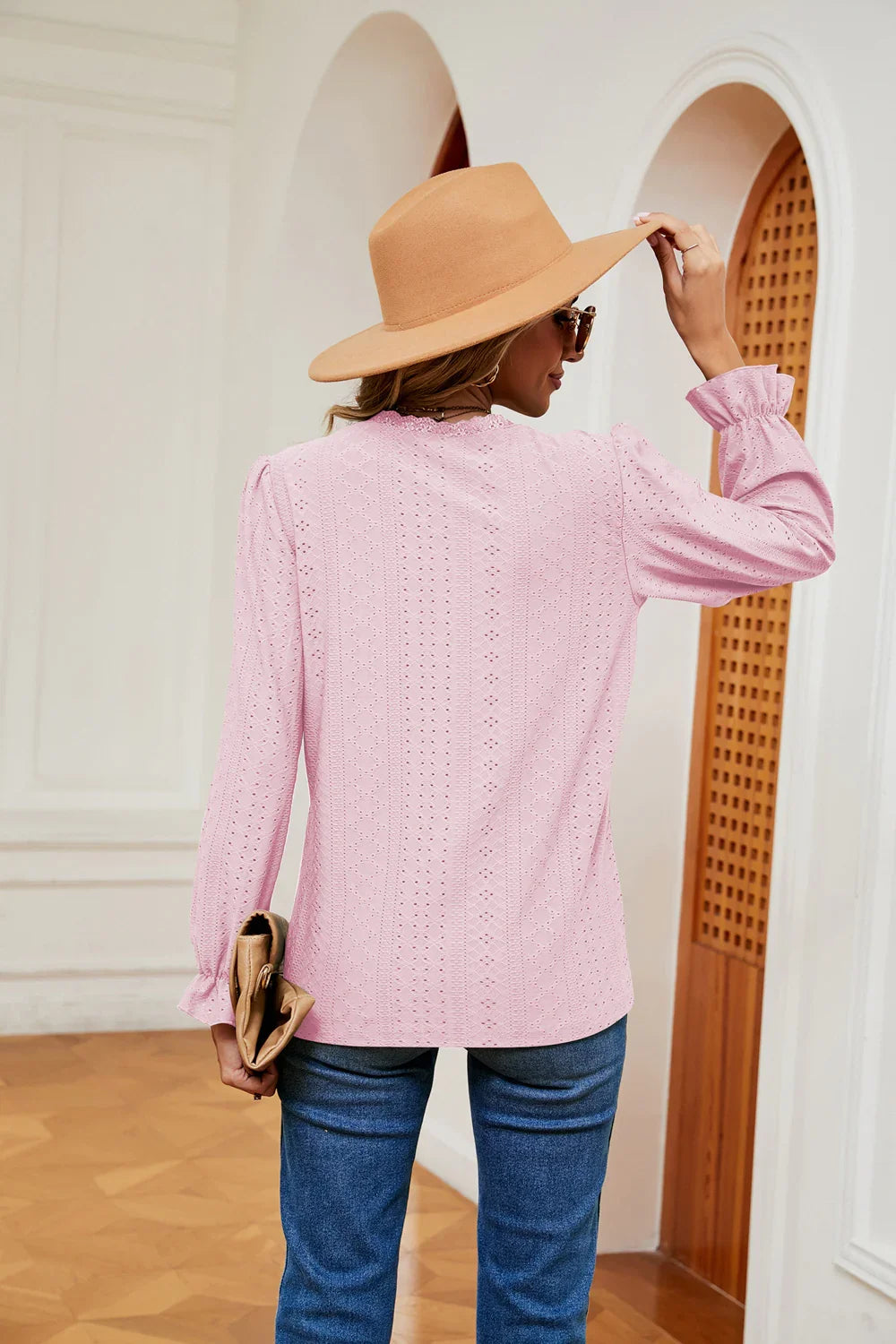 Southern Shores V-Neck Flounce Sleeve Lace Blouse In Stretch Rayon Blend Fabric For Versatile Wear - Southern Shores Clothing