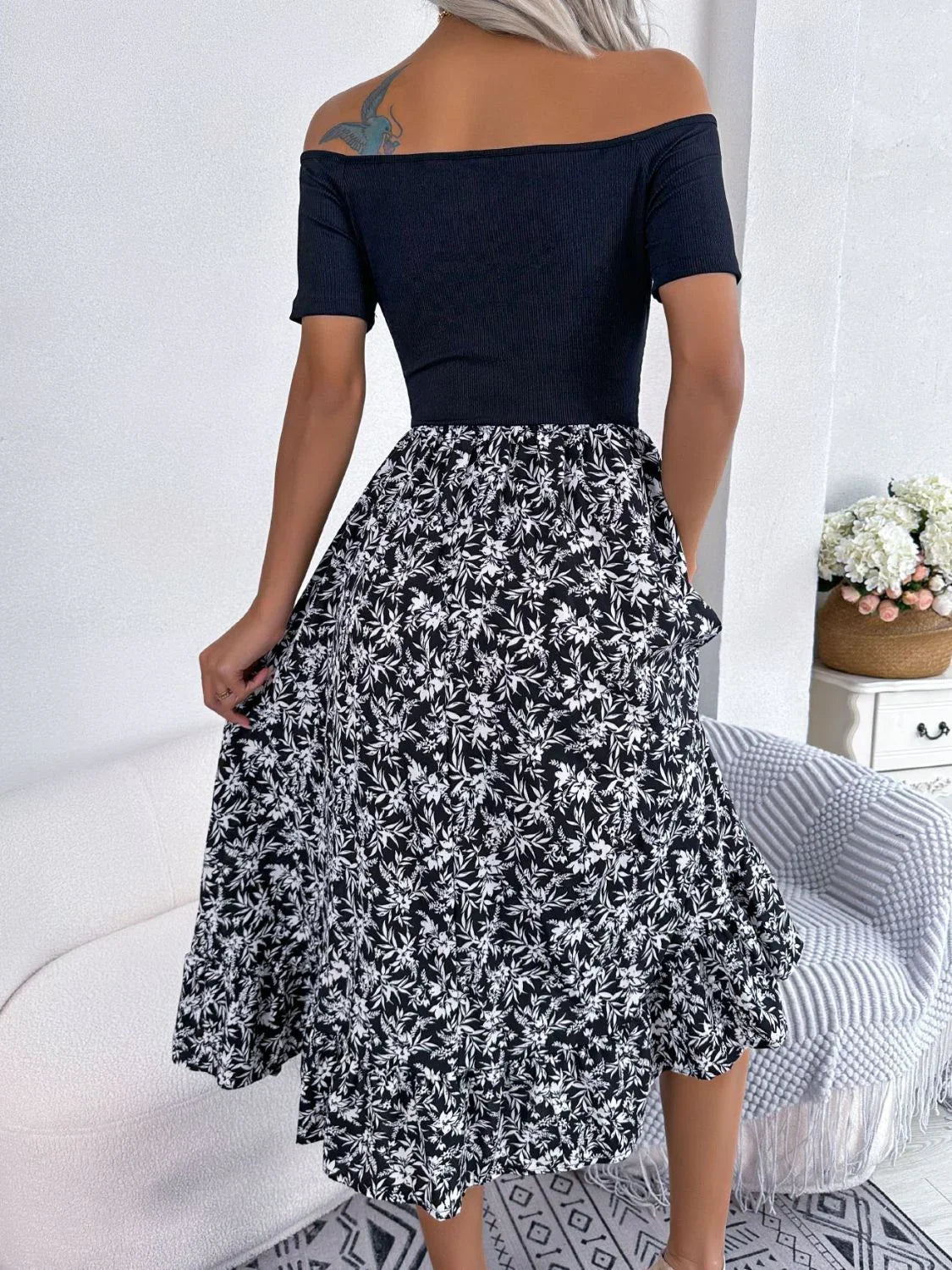 Printed Off-Shoulder Ruffle Hem Dress - Southern Shores Clothing