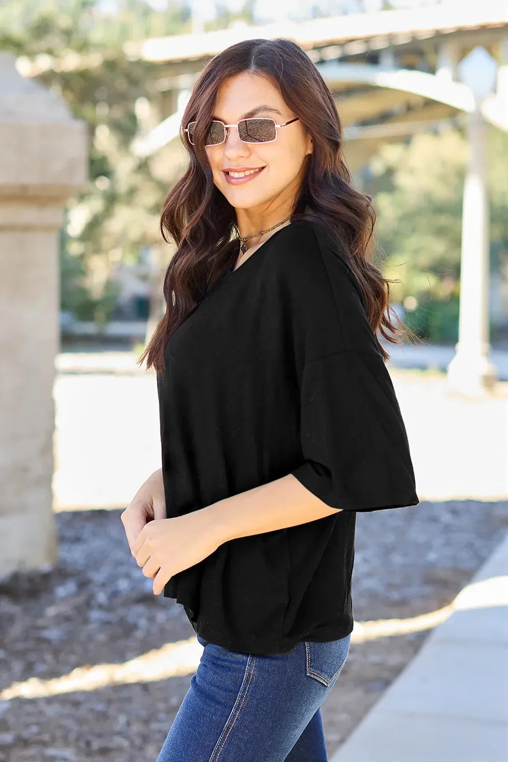 Basic Round Neck Drop Shoulder Tee Top for Layering - Southern Shores Clothing