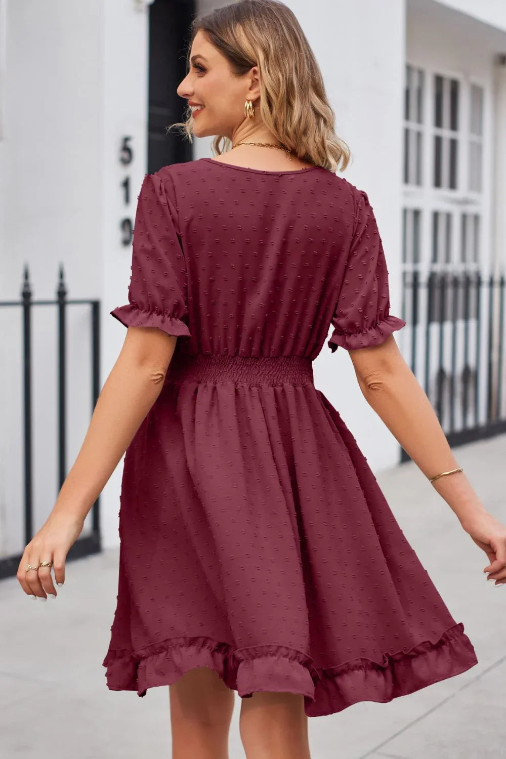 Swiss Dot Frill Trim Flounce Sleeve V Neck Dress - Southern Shores Clothing
