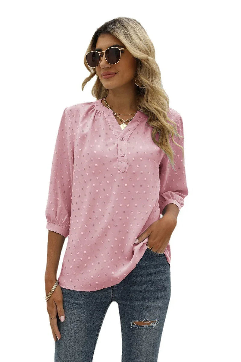 Swiss Dot Notched Neck Three-Quarter Sleeve Blouse - Southern Shores Clothing