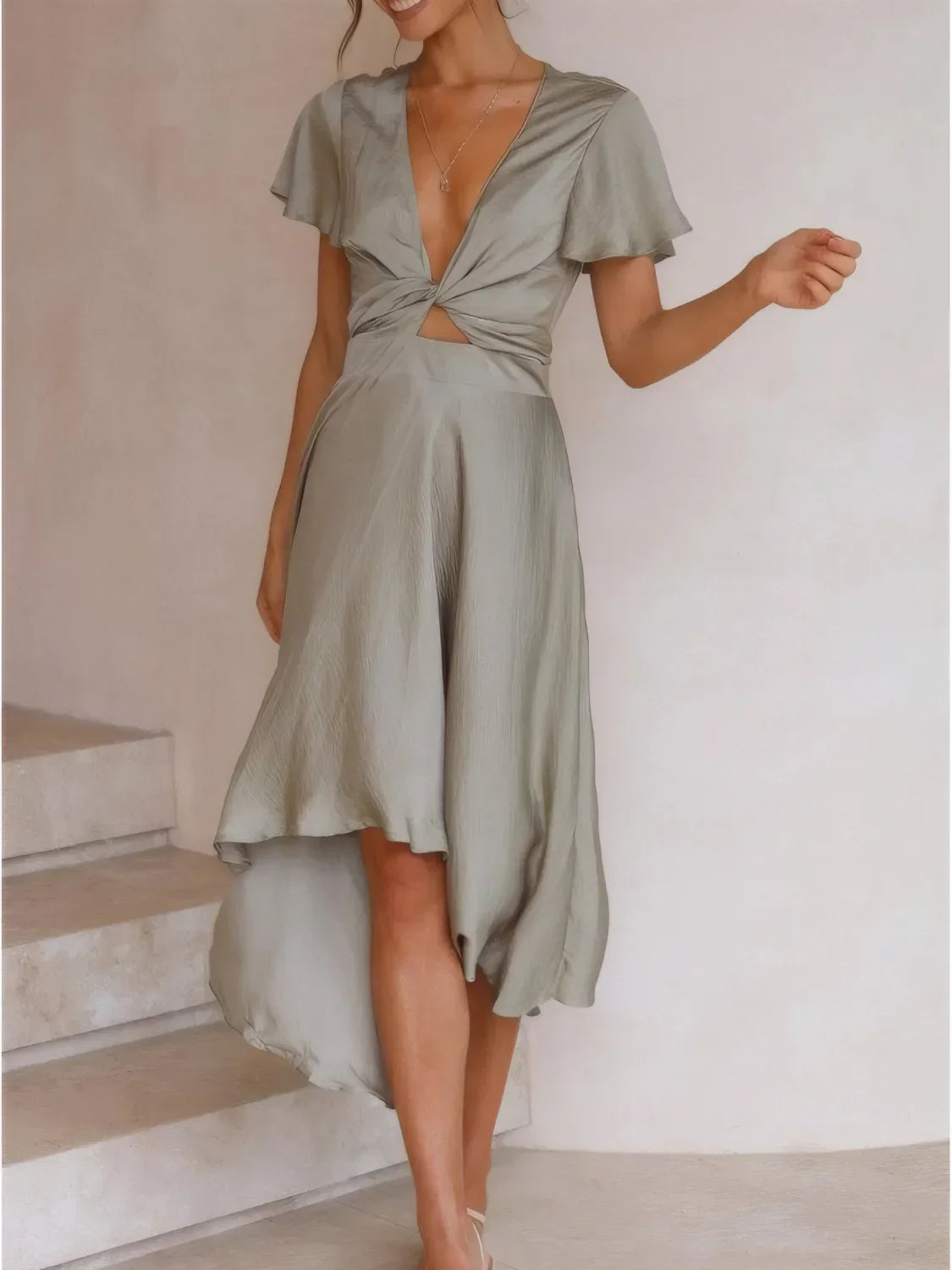 High-Low Plunge Flutter Sleeve Dress Coastal Style