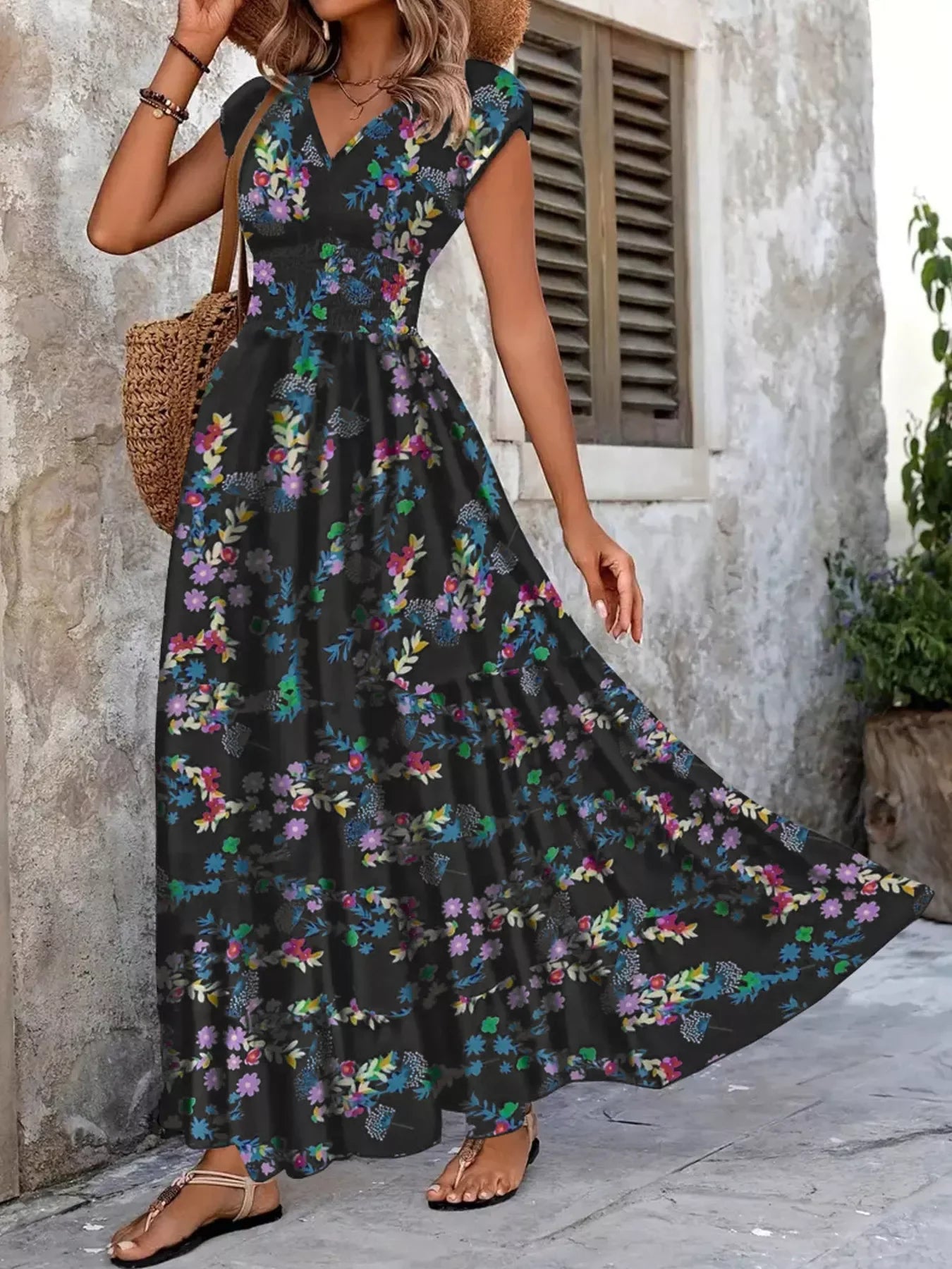 Printed V-Neck Cap Sleeve Maxi Dress Casual - Southern Shores Clothing
