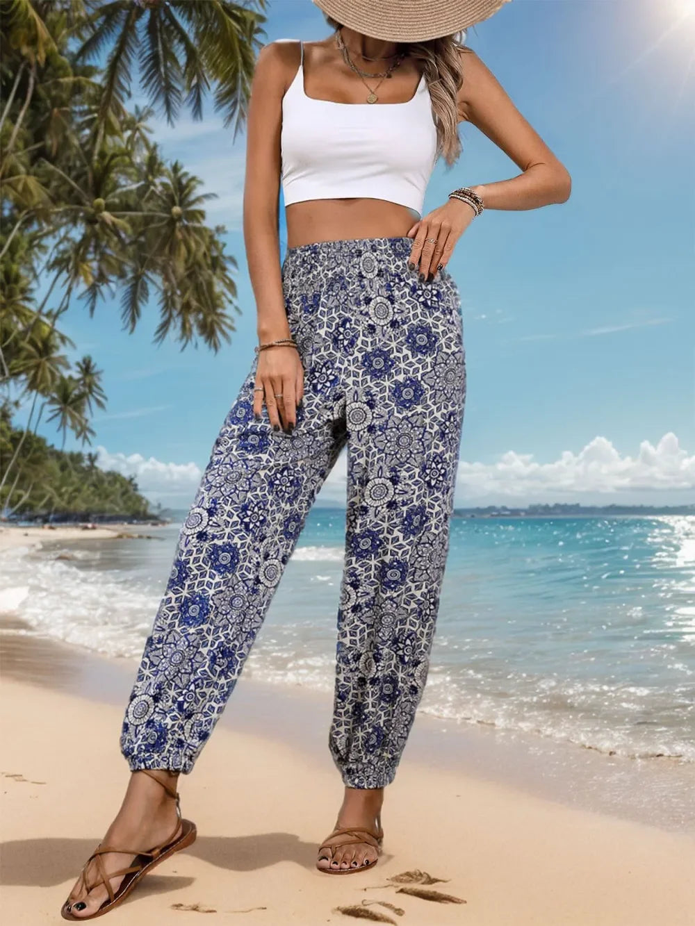 Patterned Elastic Waist Pants With Allover Geometric Print - Southern Shores Clothing