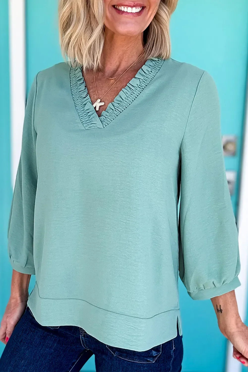 Southern Shores Clothing Lightweight Frill Trim V-Neck Blouse In 100% Polyester With Subtle Stretch - Southern Shores Clothing
