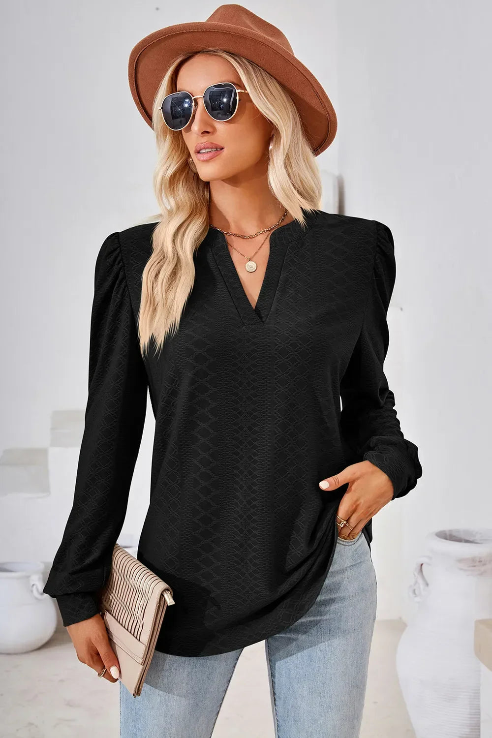 Notched Long Sleeve Top With Slightly Stretchy Fit - Southern Shores Clothing