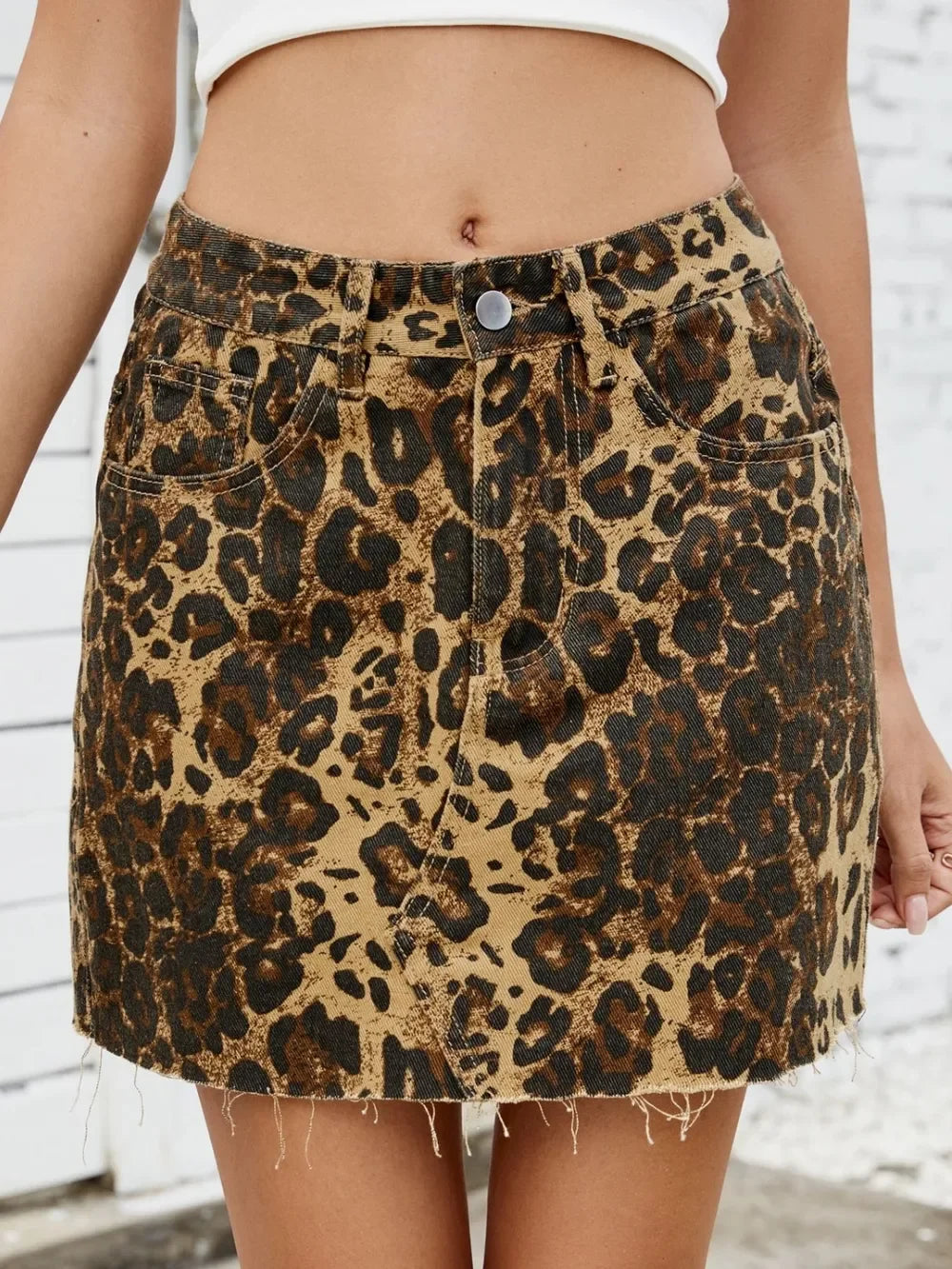Leopard Print Denim Skirt With Raw Hem Detailing - Southern Shores Clothing